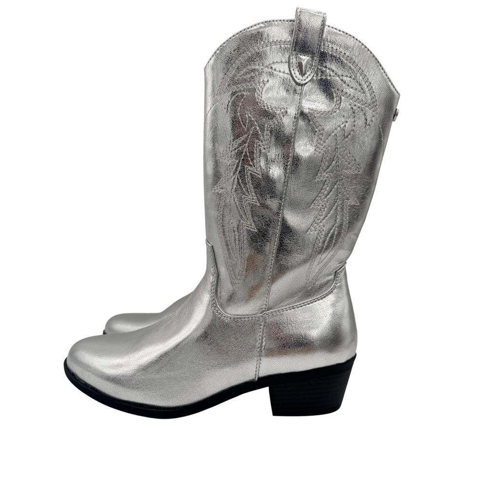 Madden NYC Boots Womens Size 5 Silver Western Mid Calf Cowboy Zip Block Heel